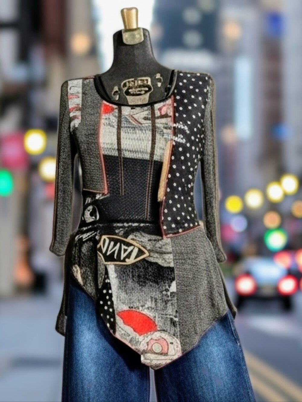 Bali Grunge Layered Sidetail Grey Patchwork A-Line Tunic with Red Accents Size L